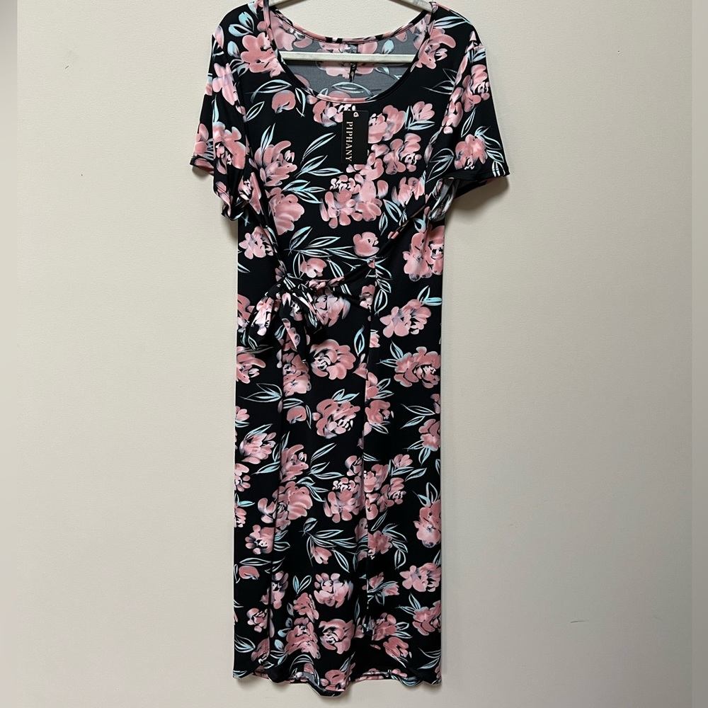 NWT Piphany Lex Black w Floral Tie Waist Comfortable Dress Modest XXL, 2X, 20-22